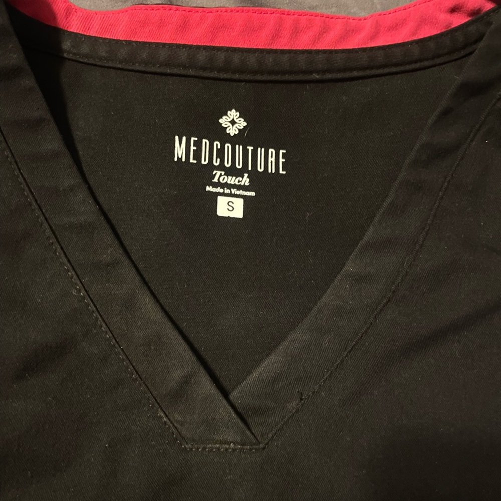 Med Couture Black V-Neck Scrub Top with Pink Accent